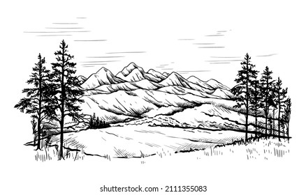 Mountain landscape  Hand drawn sketch and forest   rocky ridges  Black   white scenery  Highlands panorama  Sky horizon  Scenic hills   cliffs  Vector nature outdoor background
