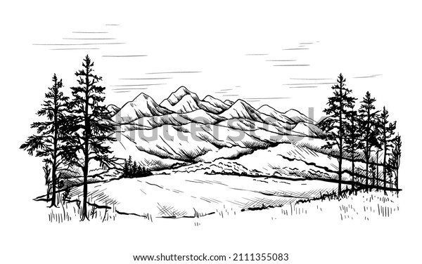 Mountain\
landscape. Hand drawn sketch with forest and rocky ridges. Black\
and white scenery. Highlands panorama. Sky horizon. Scenic hills\
and cliffs. Vector nature outdoor\
background