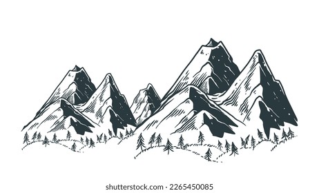 Paisaje montañoso Ilustración vectorial dibujada a mano, bosquejo de dibujo natural estilo vintage Picos rocosos dibujados a mano color monocromo.