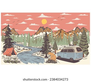 Mountain landscape hand sketch. Camper van, Colorado national park. Summer camp. Mountain with sunset and river, mountain graphic artwork for t shirt and others. Bears sketch. Hill and nature vector.