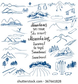 Mountain landscape. Hand-drawn sketches of the mountains. Ski slopes and a snowboard. Design elements for a winter sports holiday.Mountain climbing. Climber. 