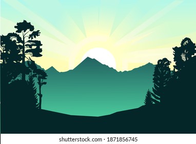 Berglandschaft. Der heimgesuchte Wald. Nadelbäume und Laubbäume. Silhouette. Berge, Felsen am Horizont mit Himmel und Wolken. Vektorgrafik
