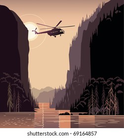 Mountain landscape and helicopter. Taiga. Evening  light sunset. Illustration about expedition.