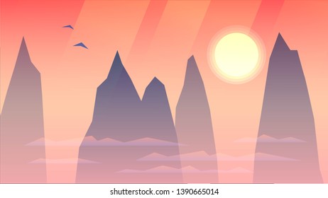Mountain landscape with high cliffs in the fog, rocks, sunrise or sunset