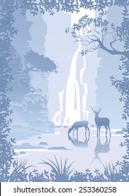 Mountain landscape with high cliffs, waterfall and deer. 
