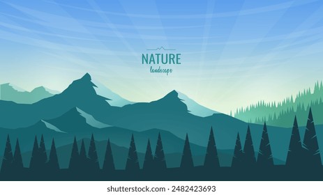 Mountain landscape. High mountains and rocks, forest and clear blue sky. Dawn in the mountains. The concept of tourism, hiking, travel. Vector illustration.