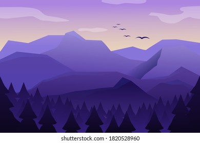 Mountain landscape with high peaks and mountain. Morning landscape, sunrise in the mountains, panoramic view with hill and forest. Vector illustration