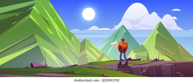 Mountain landscape with hiker man with backpack and map. Vector cartoon illustration of rocks and high peaks and tourist on stone ledge. Concept of travel and hiking