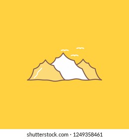 mountain, landscape, hill, nature, birds Flat Line Filled Icon. Beautiful Logo button over yellow background for UI and UX, website or mobile application