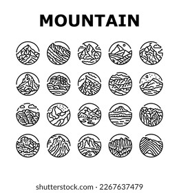 mountain landscape hill nature icons set vector. travel peak, outdoor design, rock tourism, silhouette high, range climbing, top sky mountain landscape hill nature black contour illustrations