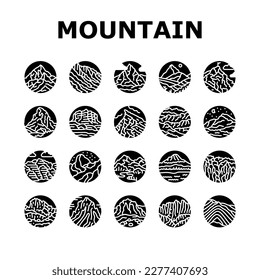 mountain landscape hill nature icons set vector. travel peak, outdoor design, rock tourism, silhouette high, range climbing, top sky mountain landscape hill nature glyph pictogram Illustrations