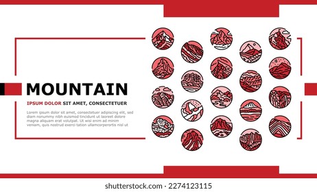 mountain landscape hill nature landing web page vector. travel peak, outdoor design, rock tourism, silhouette high, range climbing, top sky mountain landscape hill nature Illustration