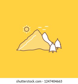 mountain, landscape, hill, nature, scene Flat Line Filled Icon. Beautiful Logo button over yellow background for UI and UX, website or mobile application