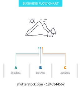 mountain, landscape, hill, nature, scene Business Flow Chart Design with 3 Steps. Line Icon For Presentation Background Template Place for text