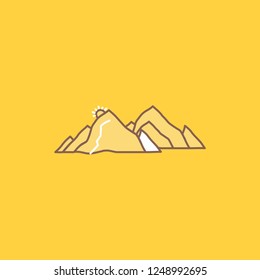 mountain, landscape, hill, nature, scene Flat Line Filled Icon. Beautiful Logo button over yellow background for UI and UX, website or mobile application
