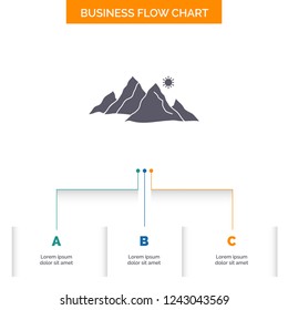 mountain, landscape, hill, nature, sun Business Flow Chart Design with 3 Steps. Glyph Icon For Presentation Background Template Place for text.