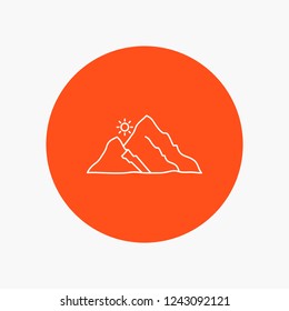 mountain, landscape, hill, nature, sun White Line Icon in Circle background. vector icon illustration