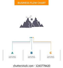 mountain, landscape, hill, nature, sun Business Flow Chart Design with 3 Steps. Glyph Icon For Presentation Background Template Place for text.