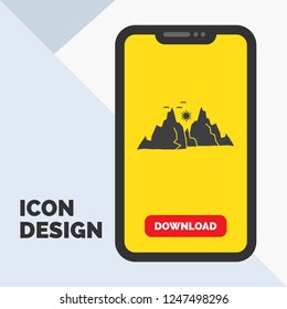 mountain, landscape, hill, nature, sun Glyph Icon in Mobile for Download Page. Yellow Background