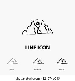 mountain, landscape, hill, nature, sun Icon in Thin, Regular and Bold Line Style. Vector illustration