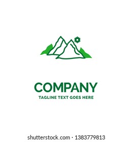 mountain, landscape, hill, nature, sun Flat Business Logo template. Creative Green Brand Name Design.