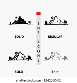 mountain, landscape, hill, nature, tree Icon in Thin, Regular, Bold Line and Glyph Style. Vector illustration