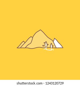 mountain, landscape, hill, nature, tree Flat Line Filled Icon. Beautiful Logo button over yellow background for UI and UX, website or mobile application