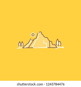 mountain, landscape, hill, nature, tree Flat Line Filled Icon. Beautiful Logo button over yellow background for UI and UX, website or mobile application
