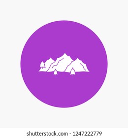 mountain, landscape, hill, nature, tree White Glyph Icon in Circle. Vector Button illustration