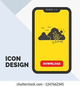 mountain, landscape, hill, nature, tree Glyph Icon in Mobile for Download Page. Yellow Background