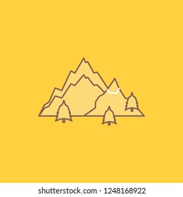 mountain, landscape, hill, nature, tree Flat Line Filled Icon. Beautiful Logo button over yellow background for UI and UX, website or mobile application