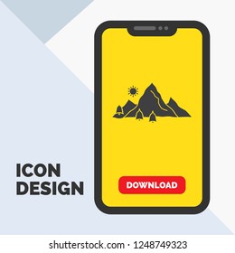 mountain, landscape, hill, nature, tree Glyph Icon in Mobile for Download Page. Yellow Background