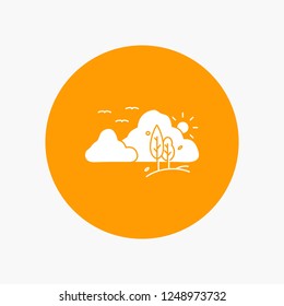 mountain, landscape, hill, nature, tree White Glyph Icon in Circle. Vector Button illustration