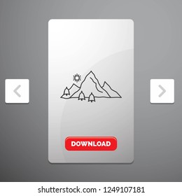 mountain, landscape, hill, nature, tree Line Icon in Carousal Pagination Slider Design and Red Download Button