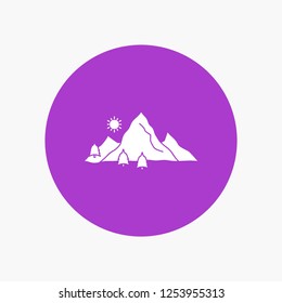 mountain, landscape, hill, nature, tree White Glyph Icon in Circle. Vector Button illustration