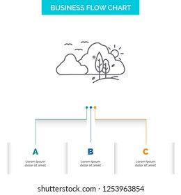 mountain, landscape, hill, nature, tree Business Flow Chart Design with 3 Steps. Line Icon For Presentation Background Template Place for text