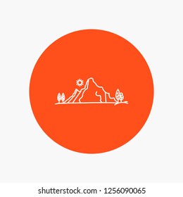 mountain, landscape, hill, nature, tree White Line Icon in Circle background. vector icon illustration