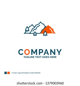 mountain, landscape, hill, nature, tree Logo Design. Blue and Orange Brand Name Design. Place for Tagline. Business Logo template.