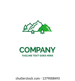mountain, landscape, hill, nature, tree Flat Business Logo template. Creative Green Brand Name Design.