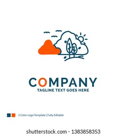 mountain, landscape, hill, nature, tree Logo Design. Blue and Orange Brand Name Design. Place for Tagline. Business Logo template.