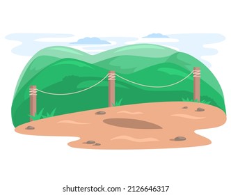 Mountain landscape with hills and fence in front of cliff. Scenery of nature, mountains and blue sky. Tourist place, territory for outdoor recreation, hike. Green hills beyond horizon and road