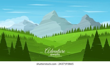 Mountain landscape with hills and forest. Clouds blue sky. Design for banner, wallpaper, background.