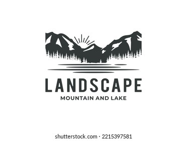 Mountain landscape hills peak and lake logo design template