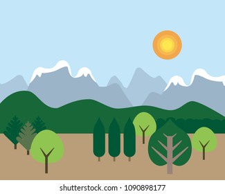 Mountain landscape with hills and snow on peaks, with trees in the foreground under blue sky with sun - flat design vector