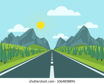 Mountain landscape with hills and trees. Road to mountains. Vector illustration flat style.