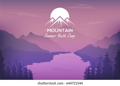 Mountain Landscape Horizontal Frame Vector Illustration, Web Banner