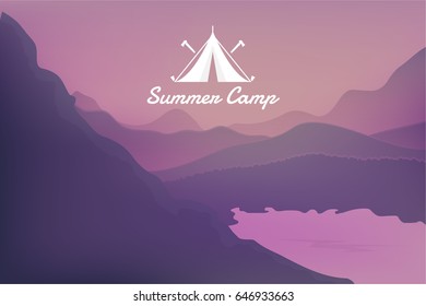 Mountain Landscape Horizontal Frame Vector Illustration, Web Banner. Climbing or Trekking Concept Nature Illustration