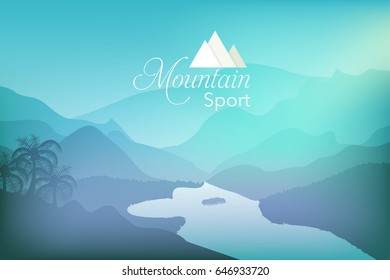 Mountain Landscape Horizontal Frame Vector Illustration, Web Banner. Climbing or Trekking Concept Nature Illustration