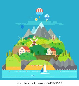 Mountain landscape. The hotel is in the mountains. Mountain Lake. Ballooning. Mountain Trail. Ecological holidays. Sailboat in the sea. The development of agriculture.