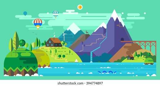 Mountain landscape. The hotel is in the mountains. Mountain Lake. Ballooning. The monster in the lake. Mountain Trail. Ecological holidays.